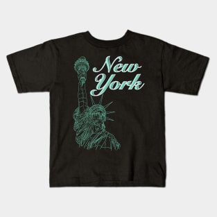 New York with Statue Of Liberty in a green line drawing design #2 Kids T-Shirt